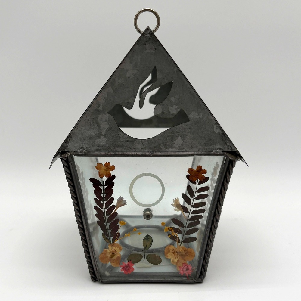 Vintage Pressed Flower Birdhouse Candle Holder Rustic Galvanized Metal Lantern